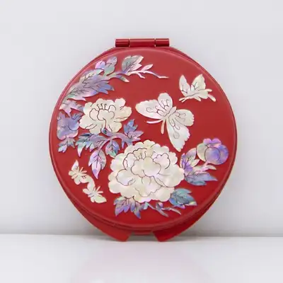 Premium Mother-of-Pearl Inlay Hand Mirror (Peony Red)