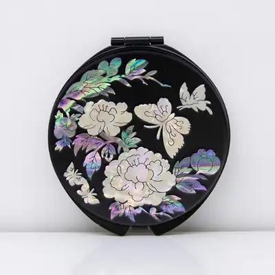 Premium Mother-of-Pearl Inlaid Hand Mirror (Peony Black)