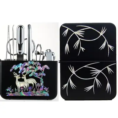 Premium Mother-of-Pearl Inlay Nail Clipper Set (Bamboo, Black)