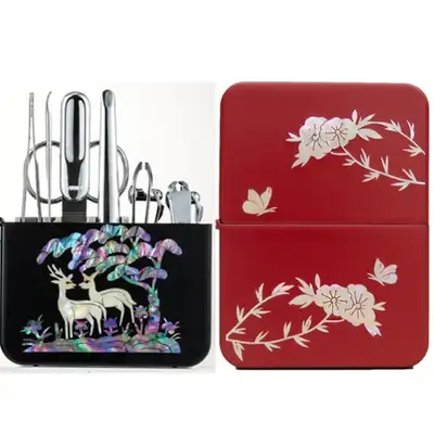 Premium Mother-of-Pearl Nail Clipper Set with Plum Design (Red)