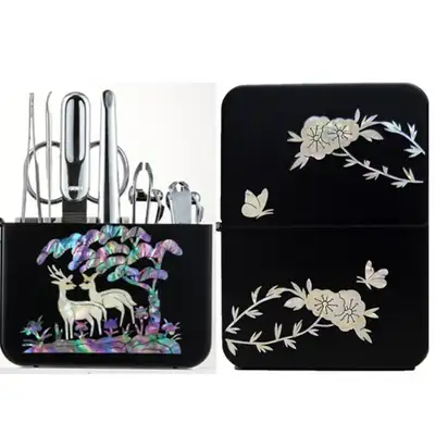 Premium Mother-of-Pearl Nail Clipper Set (Plum Blossom, Black)