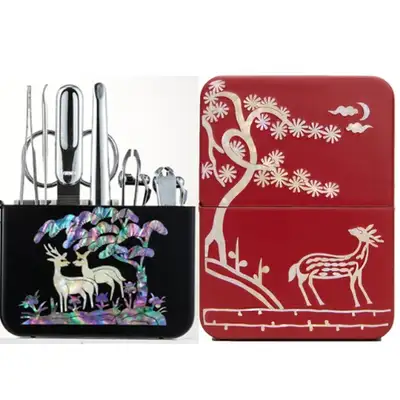 Premium Mother-of-Pearl Inlay Nail Clipper Set (Deer, Red)