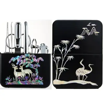 Premium Mother-of-Pearl Nail Clipper Set (Double Crane, Black)