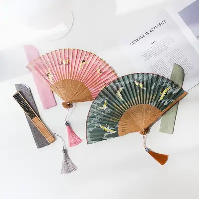 (ギフトセット)雲松鶴 竹製折りたたみ扇(P)+綿製扇子入れ+装飾タッセルミニノリゲP