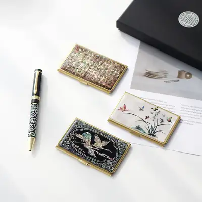 (2種)ゴールド螺鈿名刺ケースN+格子ハングル螺鈿ボールペンセット(下部螺鈿)