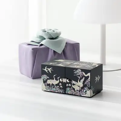 螺鈿漆器 黒漆 松鶴 ミニ 双合 貝細工ジュエリーボックス(14cm)