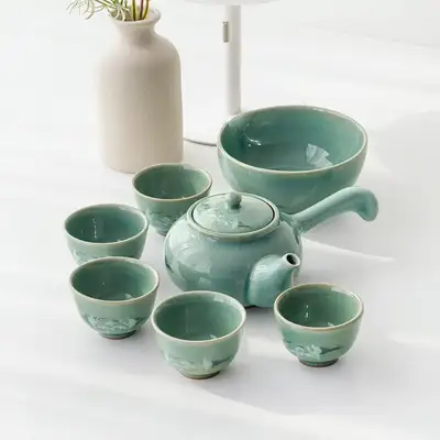 陶城青磁 雲鶴 5人茶器セット