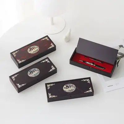 螺鈿漆器 楕円形オートペンケース(松鶴)+螺鈿ボールペン(花鶴)+ボールペン芯セット