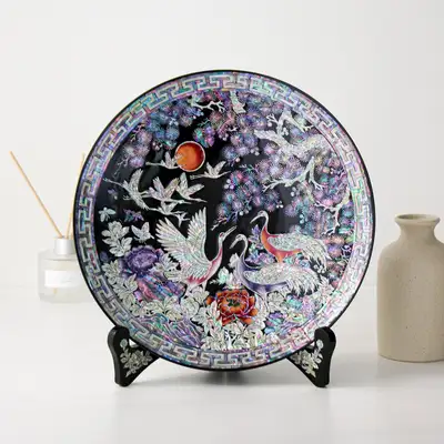 螺鈿漆器彩色松鶴装飾用貝母盆30センチ