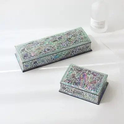 螺鈿漆器 李朝 花唐草 自動 貝殻ペン箱+名刺ケース