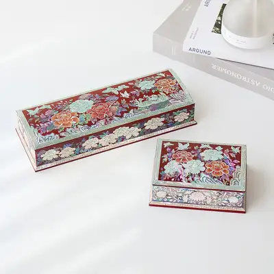 螺鈿漆器 牡丹と蝶 自動貝殻ペン箱+名刺箱(赤)