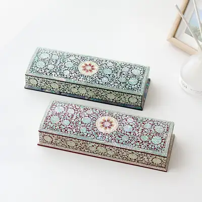 螺鈿漆器 彩色花唐草 自動 貝殻ペンケース