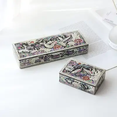 螺鈿漆器彩色松鶴図自貝筆函+自貝名刺函セット