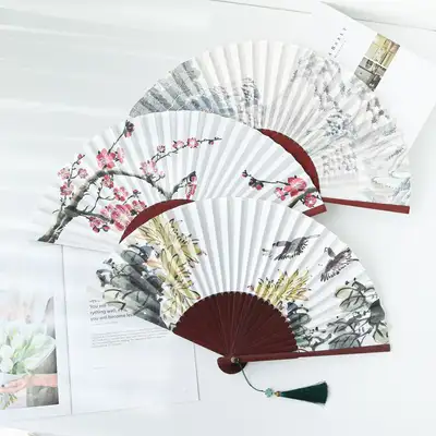 アンティック東洋画竹折りたたみ扇(P) 29センチ