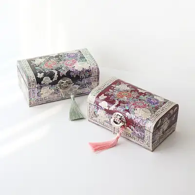 螺鈿漆器彩色牡丹紋様 転がり式 貝細工ジュエリーボックス 24センチ