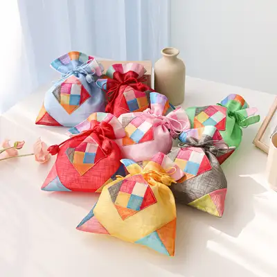 조각補刺繍四角麻布福袋(大)Y
