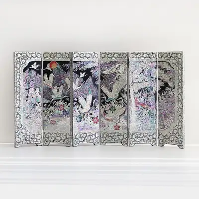 名品螺鈿 十長生 6曲屏風 大(黒) (張泰福 文化財 機能人作品)
