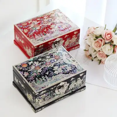 BEST 伝統螺鈿漆器 華麗な彩色梅花 2段 螺鈿ジュエリーボックス 18センチ 外国人向け高級ギフト