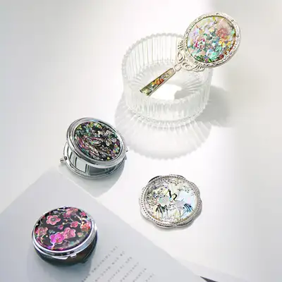 BEST ポータブル螺鈿漆器貝殻ハンドミラー 中 N梅花 円形ミラー 伝統工芸品 韓国 記念品 外国人ギフト 02