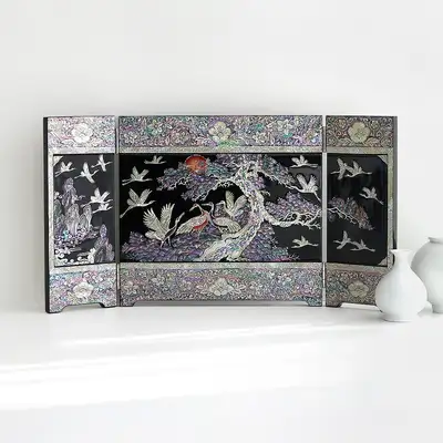 螺鈿漆器 松鶴 装飾用立体3幅貝紫貴 屏風 検 大（張泰福作品）