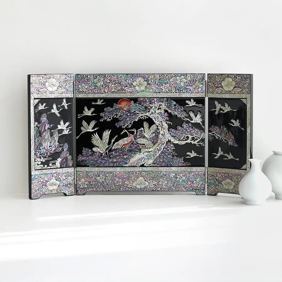 螺鈿漆器 松鶴 装飾用立体3幅貝紫貴 屏風 検 大（張泰福作品） — 1
