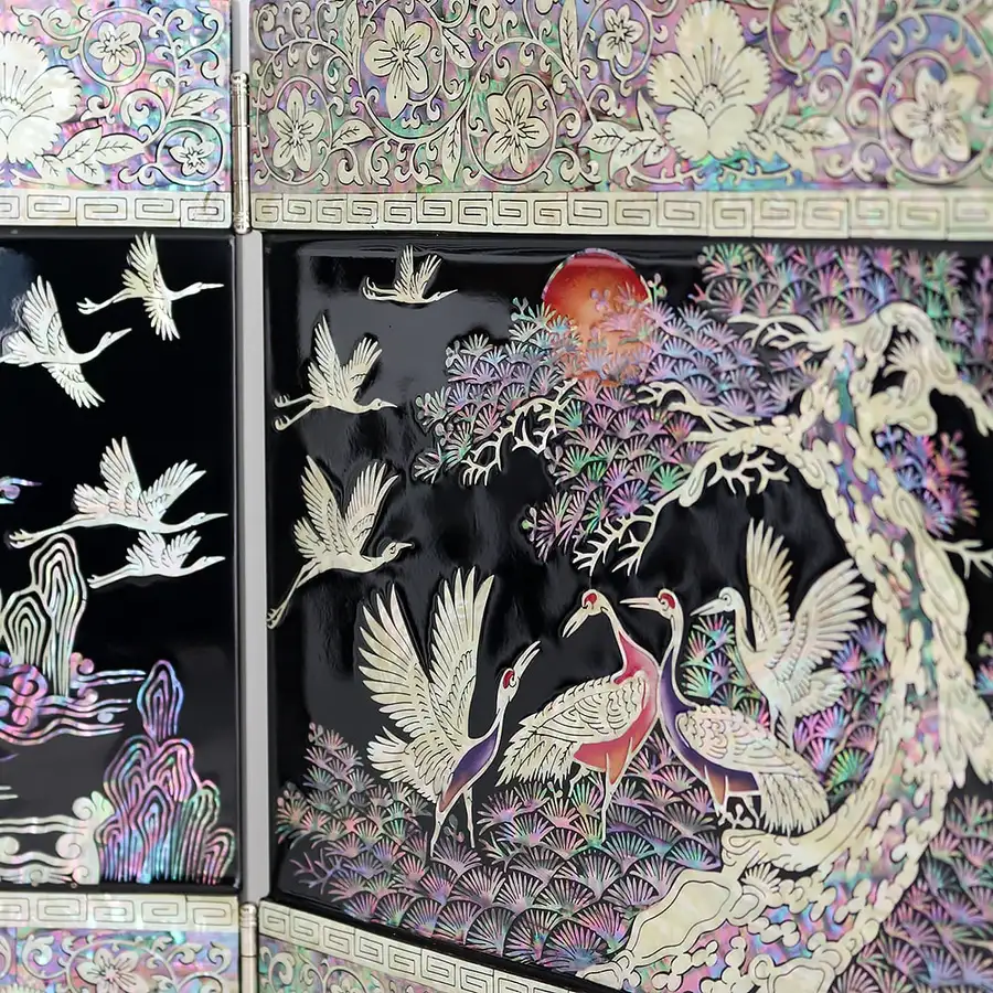 螺鈿漆器 松鶴 装飾用立体3幅貝紫貴 屏風 検 大（張泰福作品） — 2