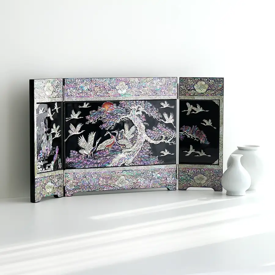 螺鈿漆器 松鶴 装飾用立体3幅貝紫貴 屏風 検 大（張泰福作品） — 3