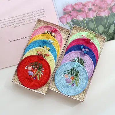 (5種)キルティング丸型チューリップ刺繍コースターセットY