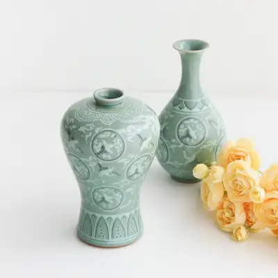 高級宋月 ひび割り青磁 梅竹瓶セット(特小) 円運鶴 17cm