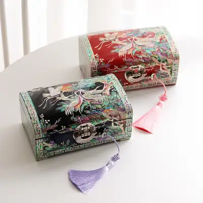 螺鈿漆器 色彩松鶴 転がり 貝殻ジュエリーボックス 21センチ