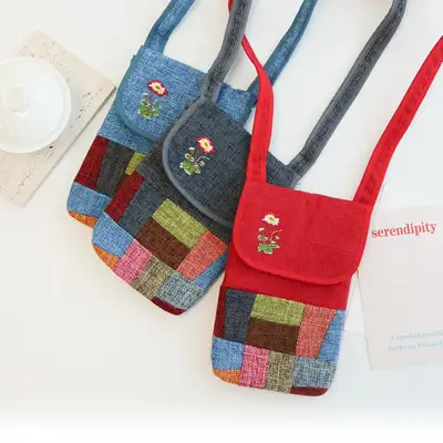 花刺繍パッチワーク ミニスマートフォンポーチY