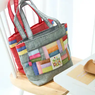 麻 花刺繍 五色布切れ張り合わせバッグY