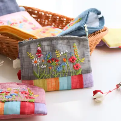 麻布刺繍小花スクエア型コインケースY