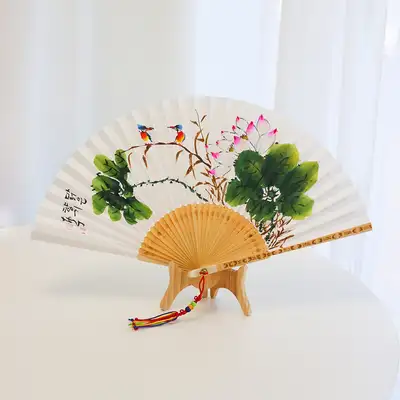 (直筆)南貞 東洋画 特五竹選 竹製 折りたたみ扇/蓮花+高級伝統結び紐 プレゼント