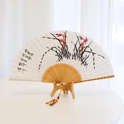 (直筆)南頻 東洋画 特上竹扇 竹折畳扇/蘭+高級伝統結び紐 プレゼント付き