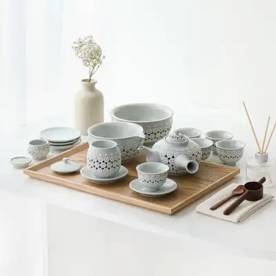 도城白磁 菊花文 透彫 総合 5人 茶器セット