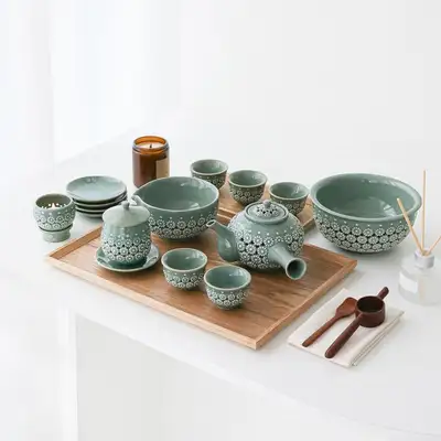 도城青磁 菊花文 透彫 総合 5人 茶器セット
