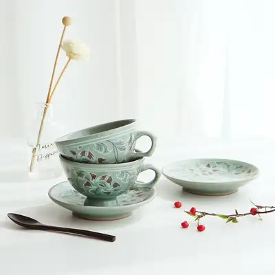 (2種)高級品 松月青磁コーヒーカップセット(牡丹)