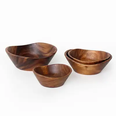 4-Size Wave Wood Salad Bowl (Natural Wood Cereal Bowl Round Wood Bowl Multi-Purpose Wooden Dish Aesthetic Camping Tableware)