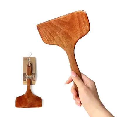 Lacquer-Finished Wide Egg Roll Spatula - Wooden Stir-Fry Turner Kitchen Tool
