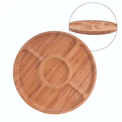 Bamboo 5-Section Divided Serving Plate (Wood Natural Appetizer Fruit Side Dish Round Tray Five-Part)