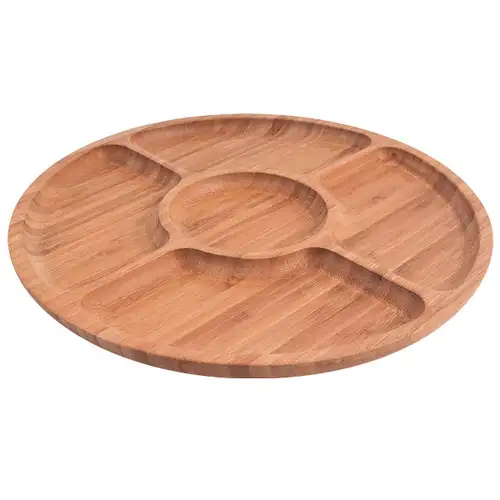 Bamboo 5-Section Divided Serving Plate (Wood Natural Appetizer Fruit Side Dish Round Tray Five-Part) — 2