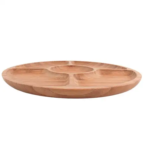 Bamboo 5-Section Divided Serving Plate (Wood Natural Appetizer Fruit Side Dish Round Tray Five-Part) — 3
