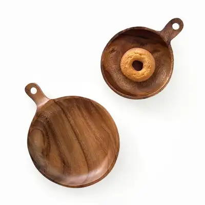 Acacia Handle Round Plate (Aesthetic Camping Natural Wood Bowl Wood Plating Snack Appetizer Plate)