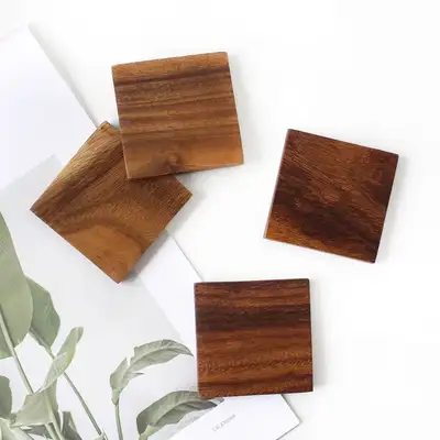 4-Piece Acacia Wood Coaster Set Square (Natural Wood Coasters Tray Wooden Tea Coaster Cup Holder)