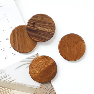 4-Piece Set Acacia Wood Coaster Round (Natural Wood Coaster Tray Wooden Tea Coaster Cup Coaster)