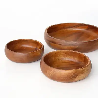 4サイズ アカシア 浅型 ラウンド ウッドボウル (カフェインテリア 雑貨 キャンプ サラダ ブランチ スナック プレート)