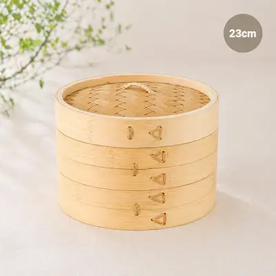 23cm 竹製饺子蒸籠（業務用蒸籠 ディムサム 2段 餅蒸し器 茹で肉 ビュッフェ 蒸し料理 蒸し鍋 ホットパン 餅作り）