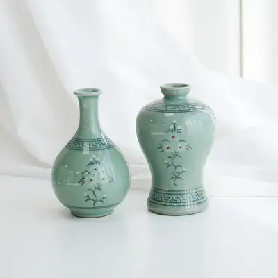 青磁三国花梅酒瓶セット(ミニ)