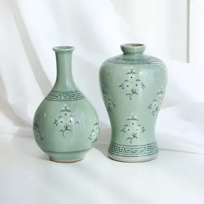 青磁三国花梅酒瓶セット(特小)